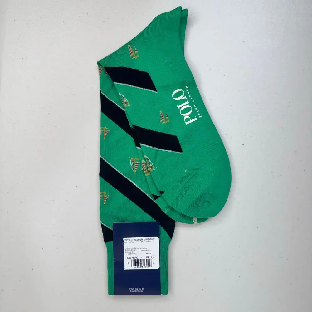 Polo Ralph Lauren Green Dress Socks Black Striped Sailboat Pattern Cotton Blend